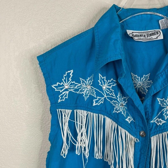 Dakota Rodeo Women Embroidered Button Down Shirt Sleeveless Blue Medium Fringe - Picture 3 of 11